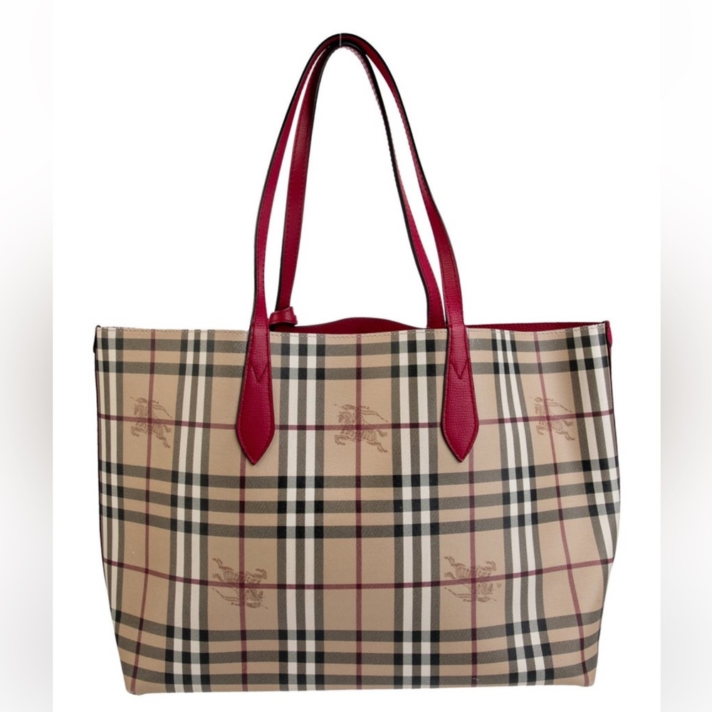 Burberry Haymarket Colours Check Leather Reverse Tote- Poppy Red, excellent cond - Picture 3 of 6